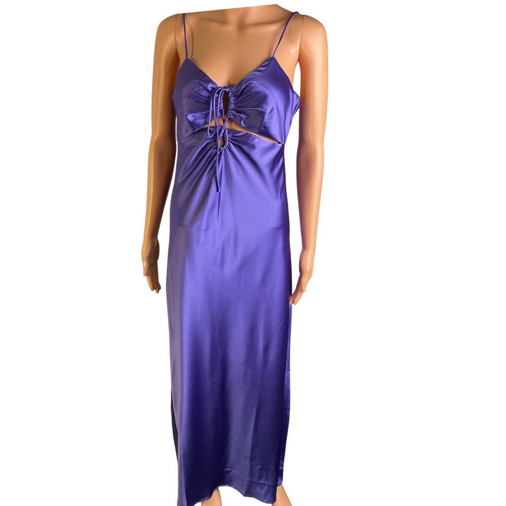 Purple Satin Maxi Dress Cut Out Ruched Front Spaghetti Strap Evening Party Small